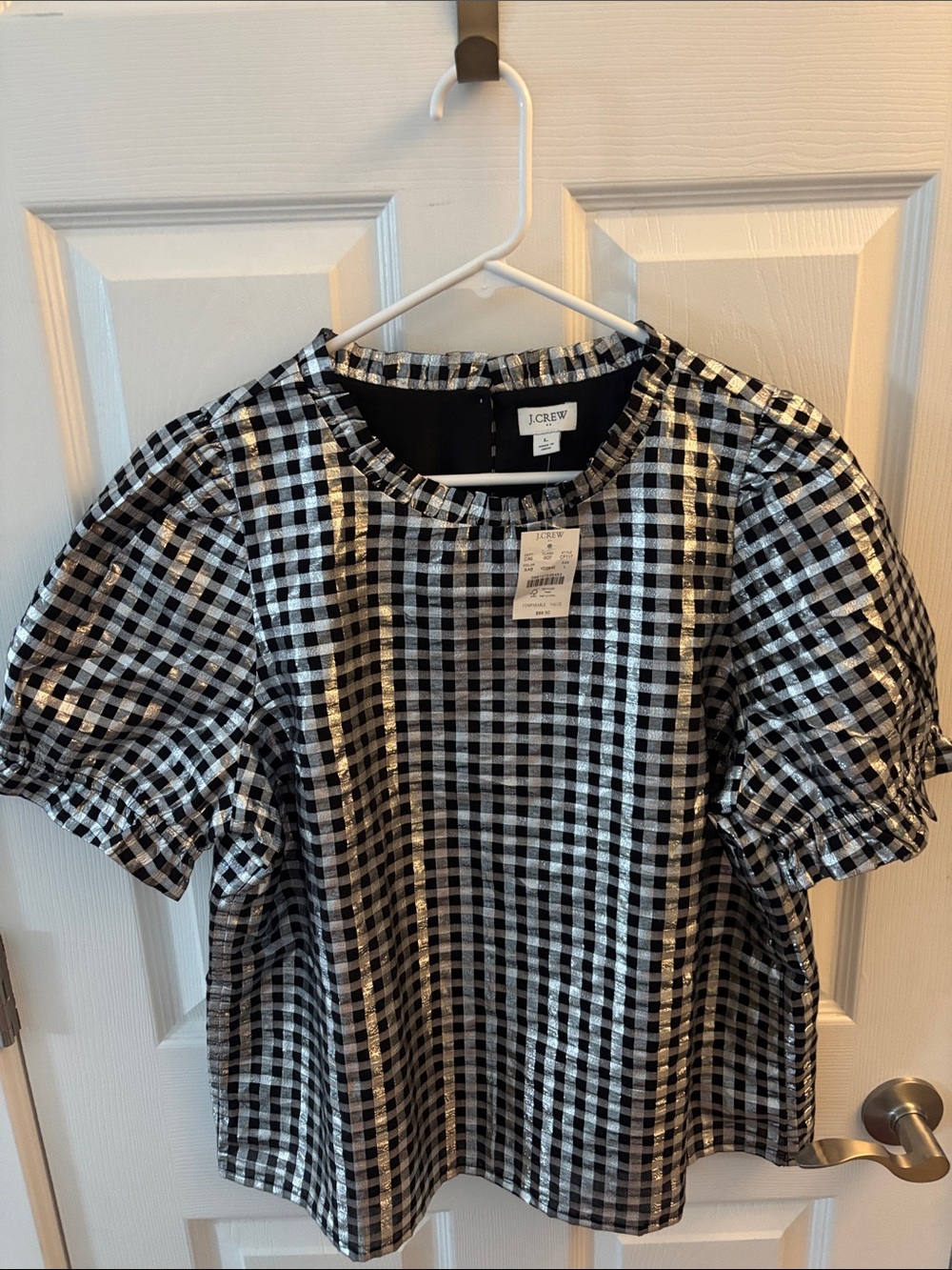 J. Crew Black & White Metallic Gingham Puff Sleeve Blouse